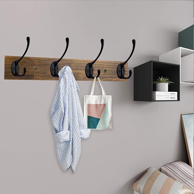 IBosins Wall Mounted Coat Rack, Entryway Hanging , Metal Wood Rack with 4 Black Literary Rustic Hooks Rail for Scarf, Bag, Towel, Key, Cap, Cup, Hat (Brown)-NeatNest