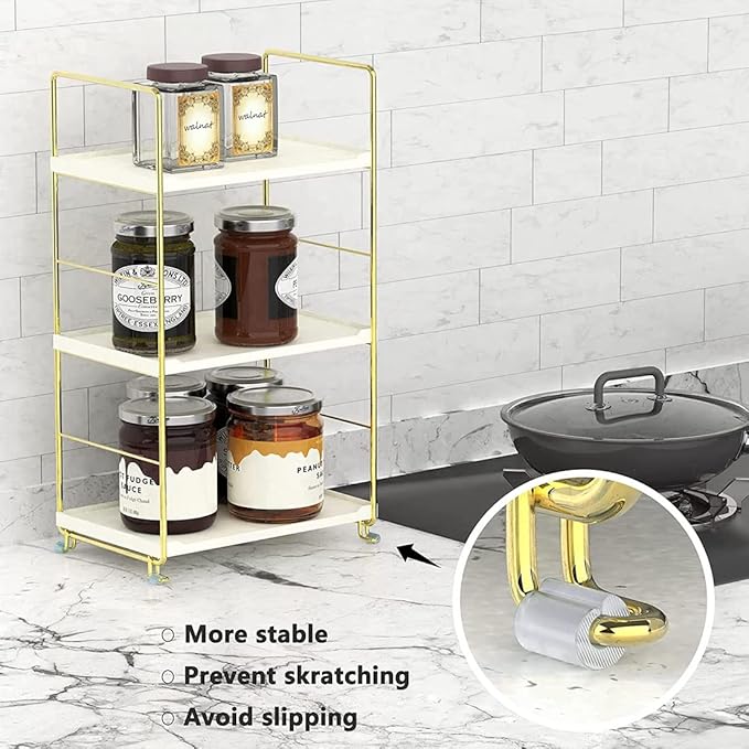 3-Tier Kitchen Spice Rack, Freestanding Stackable Organizer Shelf, Bathroom Countertop Storage Shelf, Cosmetic Organizer Holder, Square Standing Rack (Golden)-NeatNest