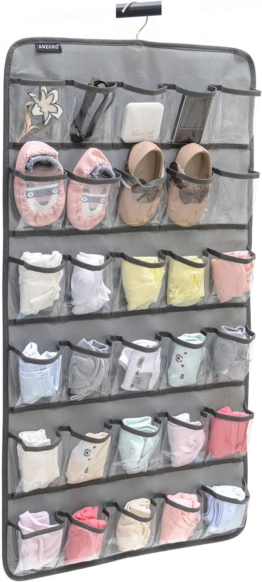 Hanging Baby Shoes Organizer Baby Headband Holder Closet Organizer for Baby Bow Socks Underwear with 30 Clear Pockets (GREY)-NeatNest