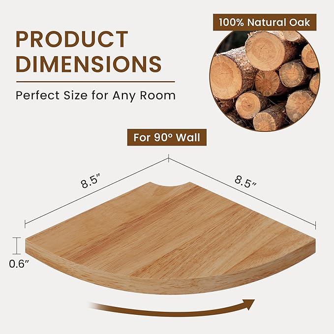 Fun Memories Corner Shelf Wall Mount Set of 2 - Solid Oak Wood Floating Corner Shelf with Cable Hole, 8.5in Rustic Design for Bedroom, Living Room, Kitchen (Natural)-NeatNest