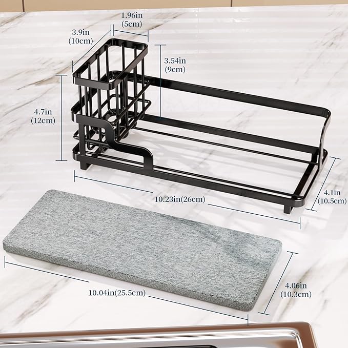 Consumest Sponge Holder for Kitchen Sink - Sink Caddy Organizer with Water Absorbing Stone Tray, Detachable Brush Holder, Stainless Steel Kitchen Counter Organizer Rack, Black-NeatNest