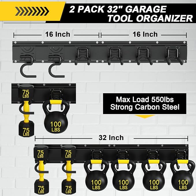 Godboat Garage Storage, 6 Hooks Garden Tool Organizer, 32‘’ Garage Organization Wall Mount, 2Pack Shelving for Yard Tools & Water Hose, Cool Gadgets for Fathers Day, Dad, Men Gifts, Max Load 550lbs-NeatNest