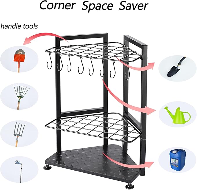 Garden Tool Organizer for Corner,Yard Tools Rack for Garage Storage Organization,Garage Tool Holder Free Standing No Mount.Heavy Duty and Solid Metal for Indoor and Outdoor Use.