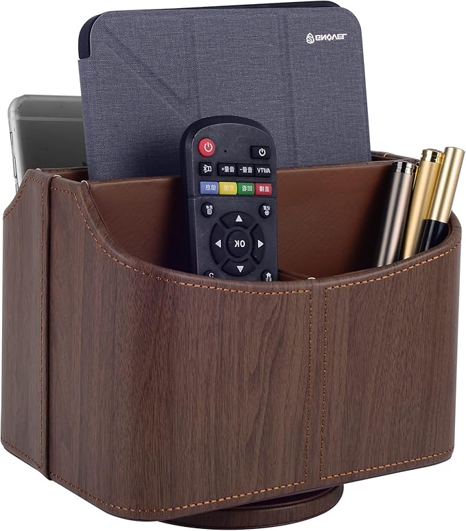 Brown 360 Degree Swiveling TV Remote Control Holder/Caddy, Leather Desk Organizer for Office and Home Furniture Decoration Storage Box(Dark wood grain)-NeatNest