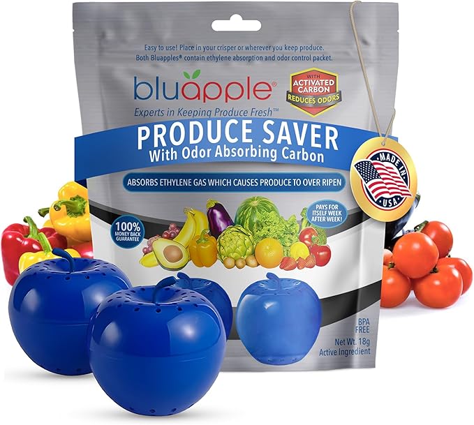 Bluapple Produce Saver with Activated Carbon - Ethylene Gas Absorber, Keep Fruits & Vegetables Fresh Longer, Minimize Food Waste, Refrigerator Odor Absorber, Produce Storage Extends Shelf Life, 2 Pack-NeatNest