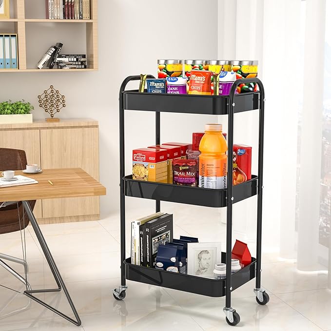 3-Tier Rolling Metal Storage Cart with Wheels, Multi-Functional Organizer for Office, Kitchen, Bathroom, Books Diapers - Easy Assembly (Black)-NeatNest