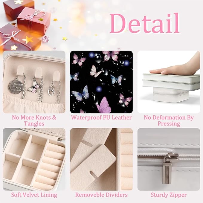 Butterfly Small Travel Jewelry Organizer, Necklace Box with Mirror, Leather Mini Travel Jewelry Case, Best Present for Women's and Girls-NeatNest