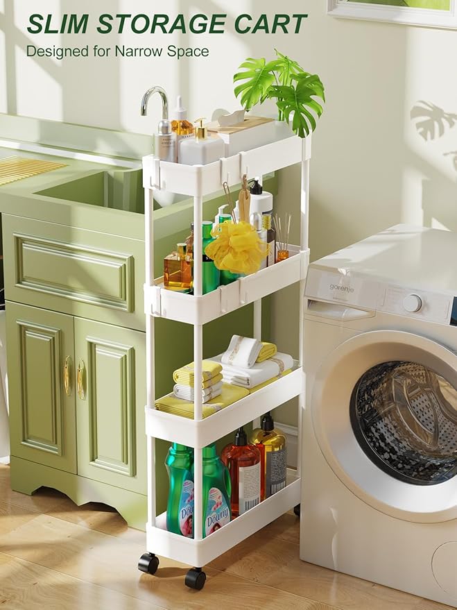 LEHOM 5.1" Slim Storage Cart - 4 Tiers Bathroom Organizer Mobile Shelving Unit Storage Rolling Utility Cart Slide Out Organizer for Kitchen Bathroom Laundry Narrow Places, White