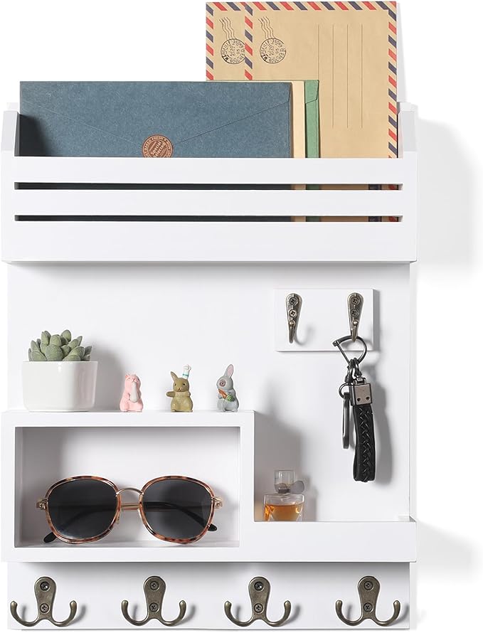 DOPACE Key Holder for Wall, Wall Mounted Mail Organizer with 6 Key Hooks for Sunglasses Storage and Dog Leash Hanger, White