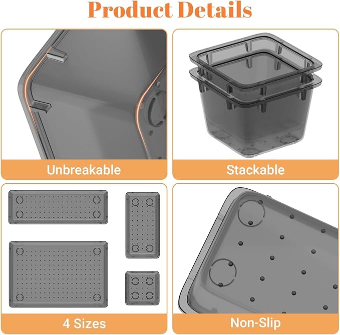 15 PCS Clear Plastic Drawer Organizer Set, 4-Size Acrylic Drawer Storage Trays, Storage Bins for Makeup, Gadgets, and Jewelry in Bathroom, Bedroom and Office, Clear Black-NeatNest