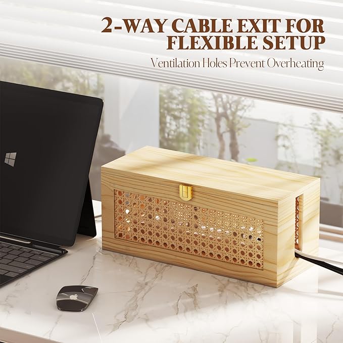 Cable Management Box, Cable Organizer Box Safe for Kids and Pets, 2 Open Slots Cords Hider Box for Power Strips, Computer Router, USB Hub 12.5" x 5.1" x 5.5", Natural