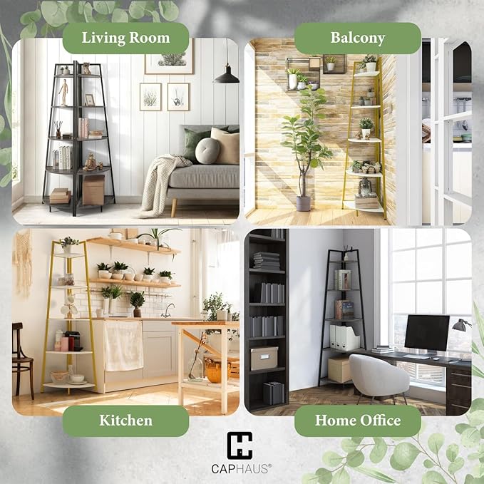 CAPHAUS Tall Corner Shelf Stand, 4-Tier Display Shelves, Ladder Corner Wood Storage Plant Bookshelf with Metal Frame, Versatile Shelving Unit Bookcase for Home Office Space, Black-NeatNest