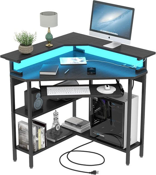 Corner Desk with Charging Station & LED Light, Triangle Corner Desk with Monitor Stand & Keyboard Tray for Small Space, Gaming Computer Desk with Storage Shelves for Home Office (Black)-NeatNest