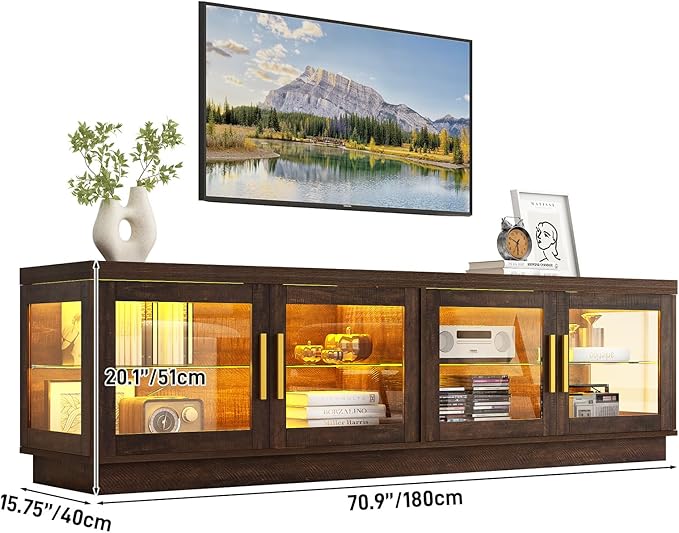 71IN LED TV Stand for 85/80/75inch TV,High Glossy Wooden Farmhouse TV Stands for Living Room,TV Gaming Entertainment Center with Storage Cabinet,RGB LED(Brown)-NeatNest