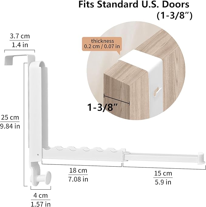 Clothes Drying Rack Foldable Fit Door up to 1 3/8" Optimal 1pc,Over The Door Hanger with Retractable Rod,Over The Door Hanger Hooks for Laundry Bathroom Bedroom Travel Hangers(White, 1 Pack)