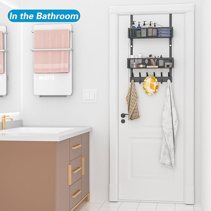 Over The Door Hooks Organizer, Over The Door Towel Rack with 12 Coat Hooks and 2 Mesh Basket, Bathroom Door Organizer Back of Door Hanger Organizer for Bedroom, Kitchen(Black)