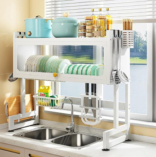 Over The Sink Dish Drying Rack, 2-Tier Metal Dish Drainer Kitchen Utensil Holder Countertop Dishware Organizer Shelf with Cutting Board Holder and Knife Holder 33.46inch