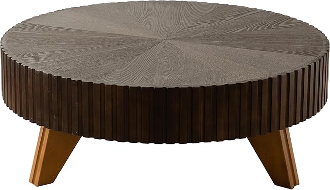 kevinplus 35.4'' Round Coffee Table Wood Modern Coffee Table for Living Room, Easy Assembly, Black Brown