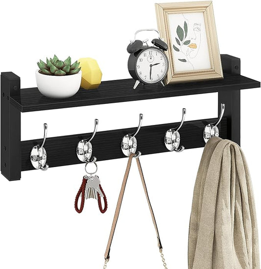 Homode Wall Coat Rack With Shelf, Wood Entryway Hanger With Hooks, Small Floating Pegs for Hanging Coats, Hats, Purses, Backpacks, Black