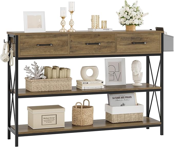 HITHOS 47.2" Console Table with 3 Drawers, Industrial Long Entryway Foyer Table with 3-Tier Storage Shelves, Narrow Sofa Hallway Table for Living Room, Entry Way, Kitchen, Rustic Brown-NeatNest