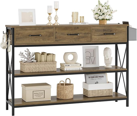 HITHOS 47.2" Console Table with 3 Drawers, Industrial Long Entryway Foyer Table with 3-Tier Storage Shelves, Narrow Sofa Hallway Table for Living Room, Entry Way, Kitchen, Rustic Brown-NeatNest