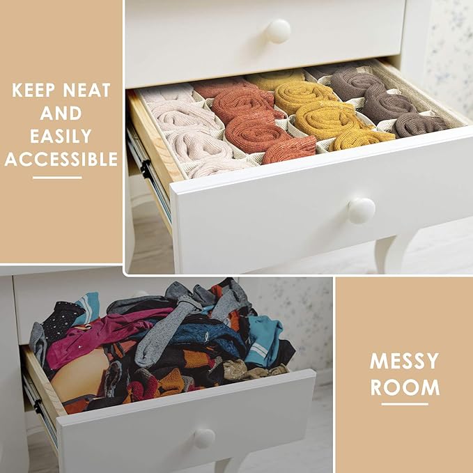 Criusia 3 Pack Sock Underwear Drawer Organizer Dividers, 64 Cell Fabric Foldable Cabinet Dresser Closet Organizers and Storage Boxes for Organizing Socks, Underwear, Ties (16+24+24 Cell, Beige)-NeatNest