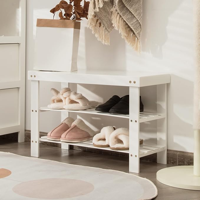 Giantex Entryway Shoe Bench, Bamboo Shoe Shelf Organizer Holds up to 6 Pairs, 3-Tier White Shoe Storage Rack Heels, Slippers for Entry, Living Room, Bathroom (White)
