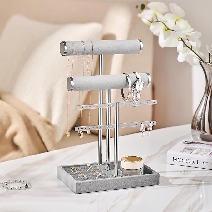 3 Tier Bracelet Holder Display - Detachable T Bar Grey Velvet Bracelet Holder, Jewelry Holder Organizer for Bracelet, Necklace, Earrings, Rings