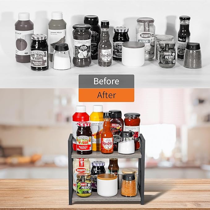 Giikin Countertop Shelf Organizer, 2 Tier Kitchen Spice Rack Organizer for Countertop, Wood Coffee Counter Shelf Organizer for Home (Grey, S)-NeatNest