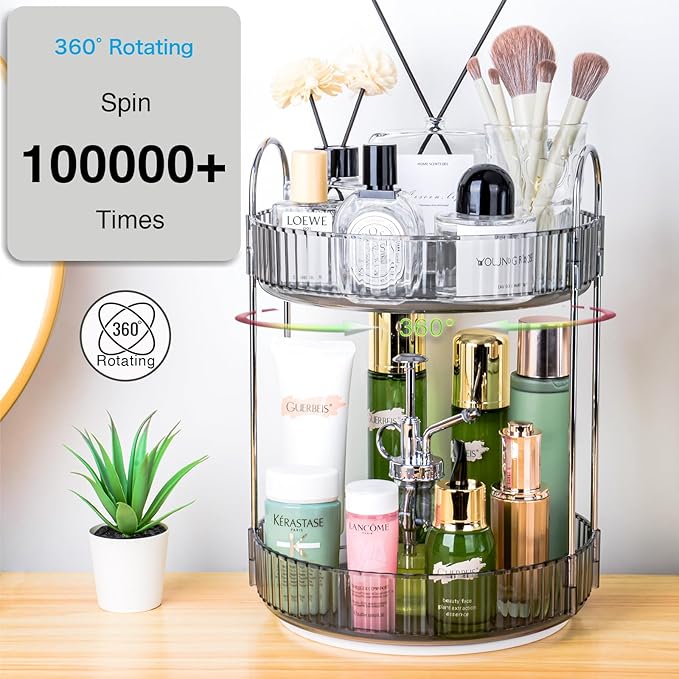 360 Rotating Makeup Organizer, 2 Tier Lazy Susan Bathroom Organizer, Easy to Install, Ideal Storage for Perfume, Skincare, Cosmetic, Dresser or Vanity Countertop (Classic Grey, 2 Tier)-NeatNest