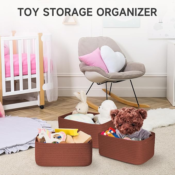 3-Pack Shelf Baskets for Organizing, Closet Organizer Bins, Small Woven Baskets, Rope Toy Basket, Storage Basket for Shelves, Cube Decorative Box, 11.5×7.5×4.7”, Oxide Red-NeatNest