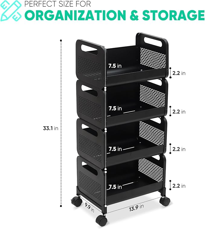 Sekey 4 Tier Rolling Cart Metal, Easy Install Kitchen Cart on Wheels with Storage, Heavy Duty, Lockable Wheels for Kitchen, Bathroom, Laundry Room, Black
