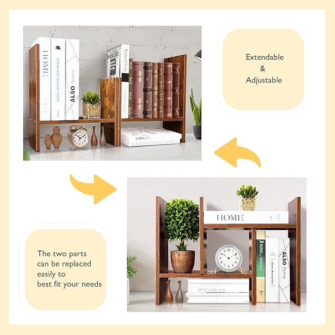 BROWN-BROWN Adjustable Wood Desk Shelf Organizer Office Home Multipurpose Desktop Shelf, Display Shelf Rack Top Mini Bookcase, Free Style Display Desktop Organization-NeatNest