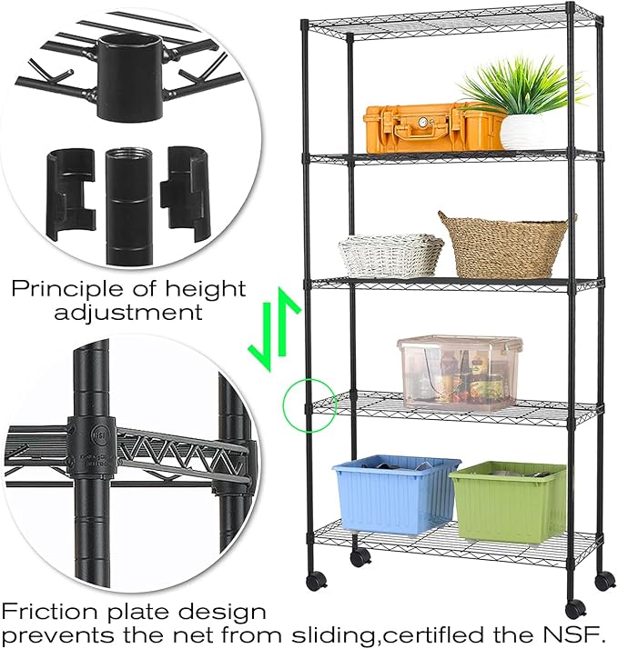 5-Tier Wire Shelving Unit Storage Shelves with Wheels Metal Shelves 60"x30"x14 Heavy Duty Metal Storage Rack NSF Height Adjustable for Home Kitchen Bathroom Garage Pantry Organization(Black)