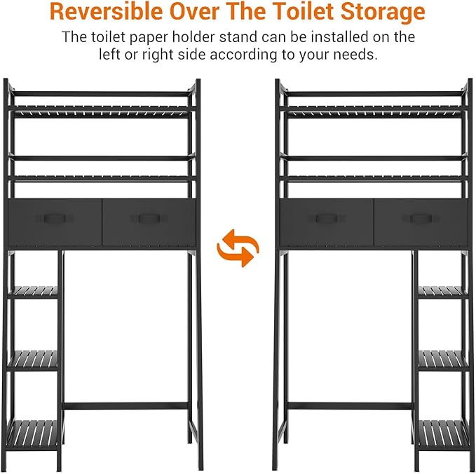 Homykic Over The Toilet Storage with 2 Drawers, Bamboo Above Toilet Shelf Organizer, Bathroom Tower Rack with Toilet Paper Holder Stand, Space Saver, Mass Storage, No Rust, Black