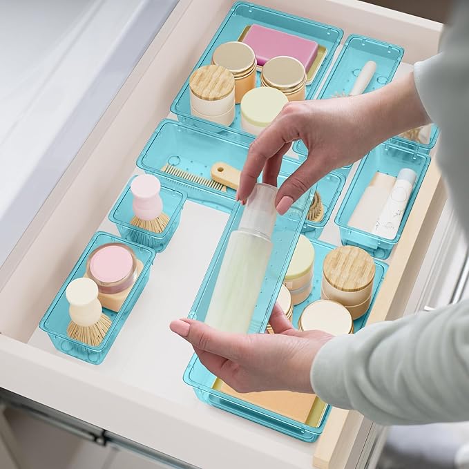 15 PCS Clear Plastic Drawer Organizer Set, 4-Size Acrylic Drawer Storage Trays, Storage Bins for Makeup, Gadgets, and Jewelry in Bathroom, Bedroom and Office, Clear Sea Blue-NeatNest