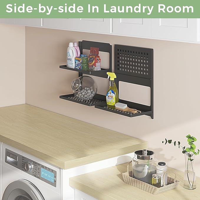 2-Tier Folding Metal Shelf Wall Mounted | Small Foldable Wall Shelf | Dorp Down | Combined Stackable | Double Layer Small Floating Shelf for Laundry Room Bathroom Utility RV | 13.4" (Black)
