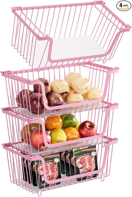 4 Pcs Stackable Wire Baskets for Pantry Organizers and Storage,Vegetable Fruit Basket for Countertop,Kitchen Storage Metal Baskets,Produce Potato Onion Storage Bin,pink