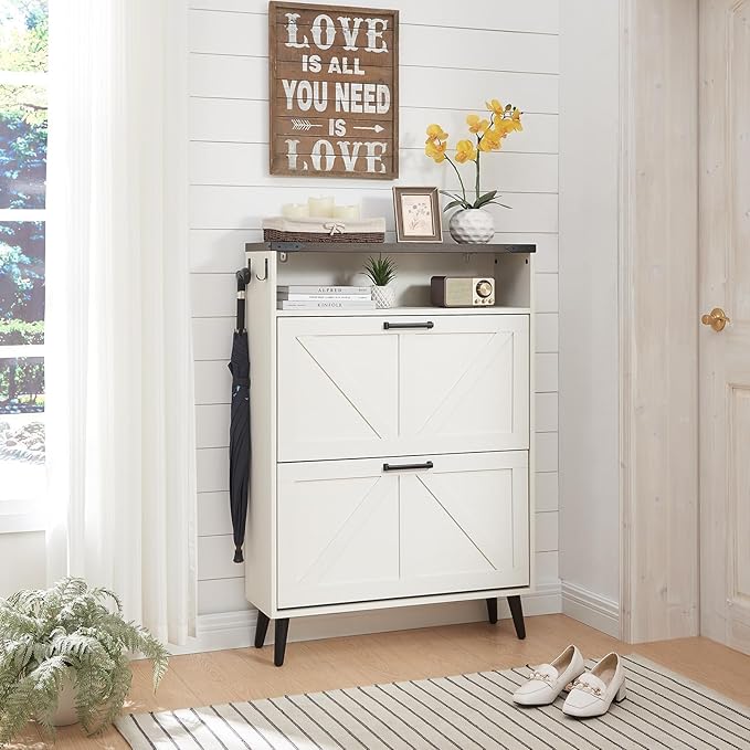 Shoe Storage Cabinet,Farmhouse Shoe Organizer with 2 Flip Drawers & Barn Door Design,Freestanding Hidden Slim Narrow Shoe Rack Cabinet with Open Storage for Entryway, Foyer,Antique White-NeatNest