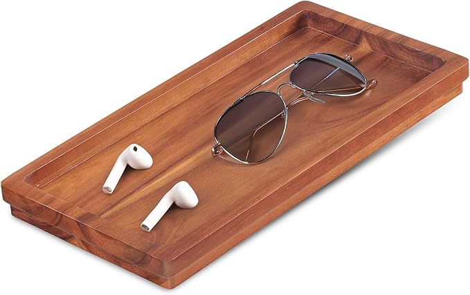 Demigo Acacia Wood Valet Tray & Catchall (11.9x6x1 inch) - Wooden Desk Organizer for Office Supplies, Keys, Wallet & Mail - Entryway & Nightstand Decor-NeatNest