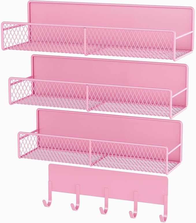 4 Pack Magnetic Shelves for Washing Machine, Heavy-Duty Magnetic Laundry Organizer with Hooks, Washing Machine Shelf for Refrigerator, Metal Storage Baskets, Closet & Laundry Room Organization (Pink)