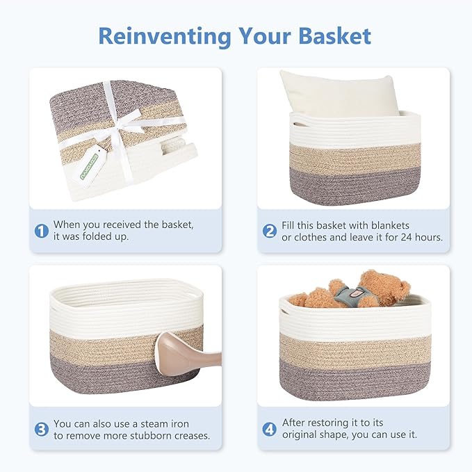 Cotton Rope Storage Baskets,15x10x9 in,Collapsible Storage Bins, Decorative Woven Basket Cube Storage Organizer for Laundry, Towel, Clothes (White/Grey-3Pack, 15x10x9 inches)-NeatNest