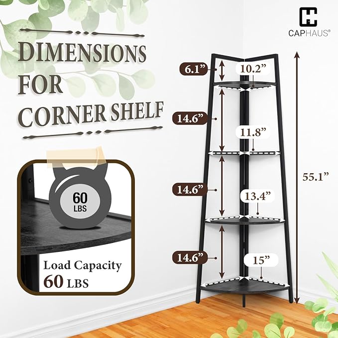 CAPHAUS Tall Corner Shelf Stand, 4-Tier Display Shelves, Ladder Corner Wood Storage Plant Bookshelf with Metal Frame, Versatile Shelving Unit Bookcase for Home Office Space, Black-NeatNest