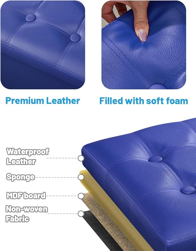 AmasSmile Storage Ottoman Folding Foot Rest Stool, Leather Footstool Bench, Short Ottoman Stool, Storage Foot Rest Store, Books (Blue, 17" D x 13" W x 13" H)-NeatNest