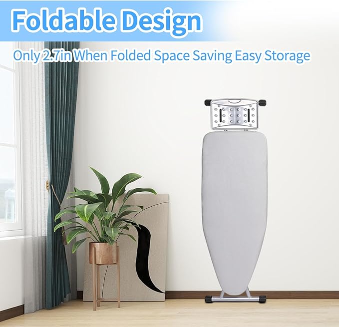 Foldable Ironing Board, 43"x15" Heavy Duty Wide Iron Board with Iron Rest, Heat Resistant Cover with Thick Padding, Sturdy Steel Frame, Height Adjustable, Silver Grey