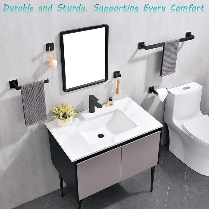 10-Pieces Towel Bar Set Matte Black Bathroom Hardware Set SUS304 Bathroom Accessories Set Includes 2 Towel Bar 24 in+2 Towel Holder+2Toilet Paper Holder+4 Towel Hooks(10, Matte Black, 24 Inch)