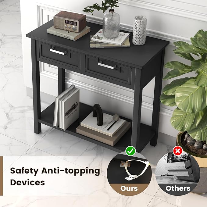 GOFLAME Small Console Table with 2 Drawers, 31” Entry Table with Storage Shelf, Modern, Narrow Sofa Table for Living Room, Hallway, Entrance (Black)-NeatNest