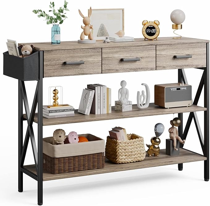 Gizoon 47" Entryway Table with 3 Drawers and 3 Tier Storage Shelves, Industrial Narrow Long Sofa Table, Farmhouse Style Console Table for Living Room, Hallway, Couch, Small Spaces - Grey-NeatNest