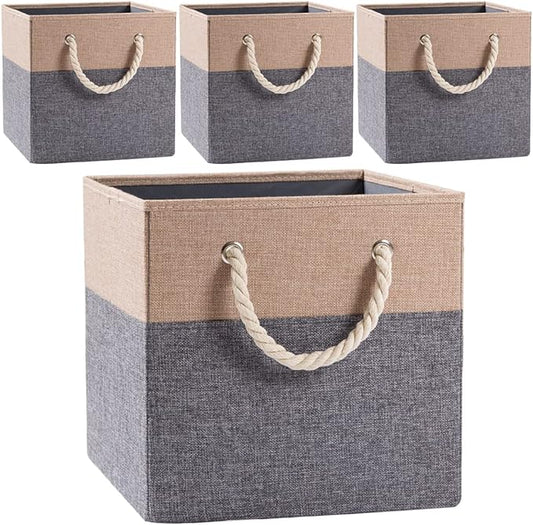 PRANDOM Large Foldable Cube Storage Bins 13x13 inch [4-Pack] Fabric Linen Storage Baskets Cubes Drawer with Cotton Handles Organizer for Shelves Nursery Closet Bedroom Khaki-NeatNest