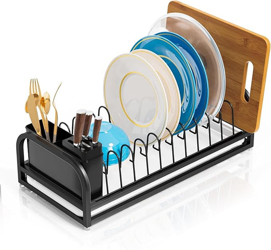 Dish Drying Rack Small for Kitchen Counter, 304 Stainless Steel Kitchen Organizer Rack w Cutlery Holder, Dish Drainer for Pots & Pans, Cutting Boards, Plates, Serving Trays & Lids (Black)